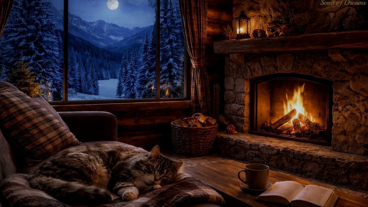 8H Cozy Cabin Fireplace with Sleeping Cat | Deep Sleep Ambience (No Talking)