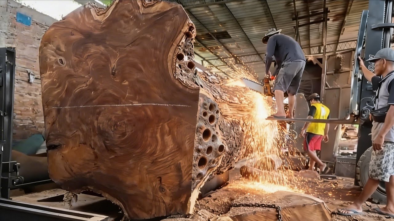 The most dramatic moment!! Sawing a large piece of wood as hard as ...