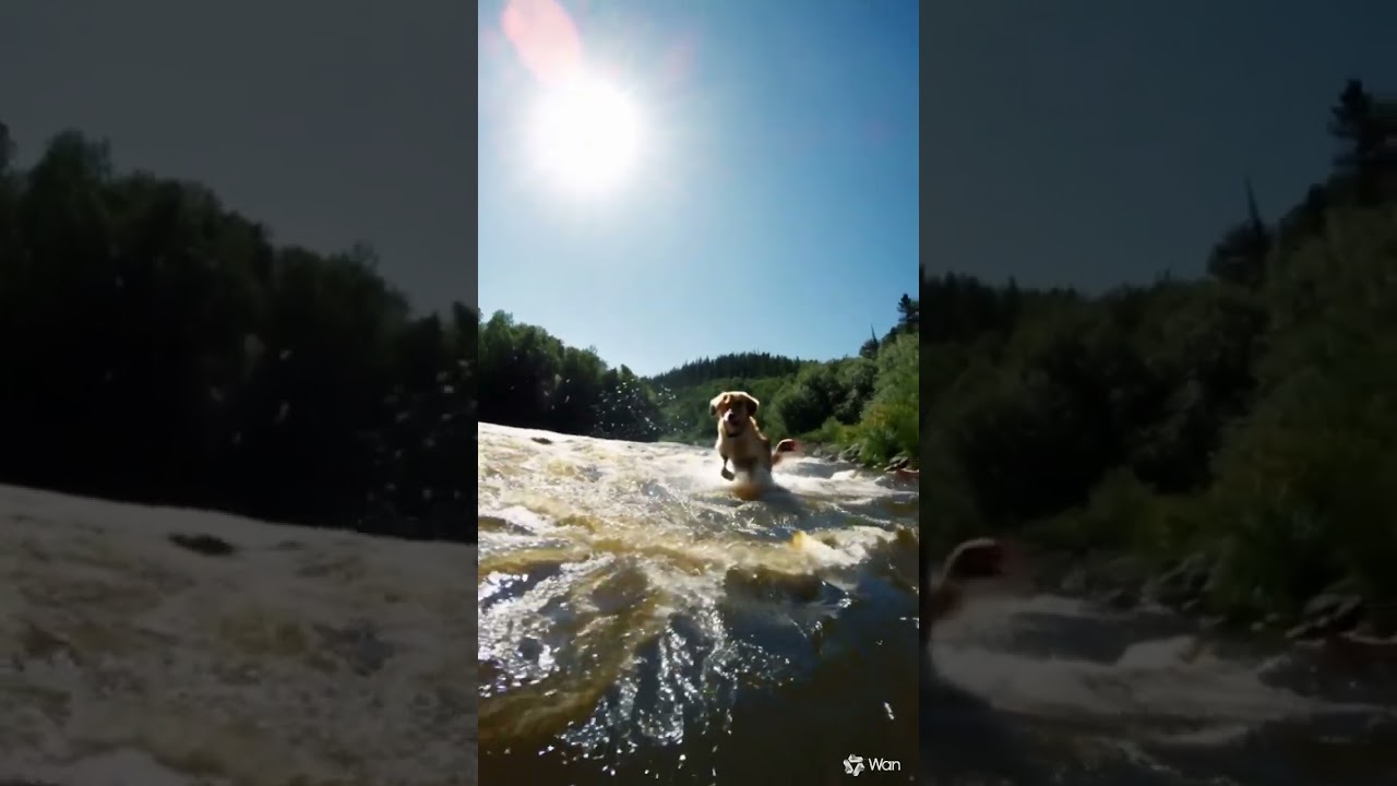 Dramatic cinematic shot, a loyal golden retriever leaps into a turbulent, frothing river to rescue..