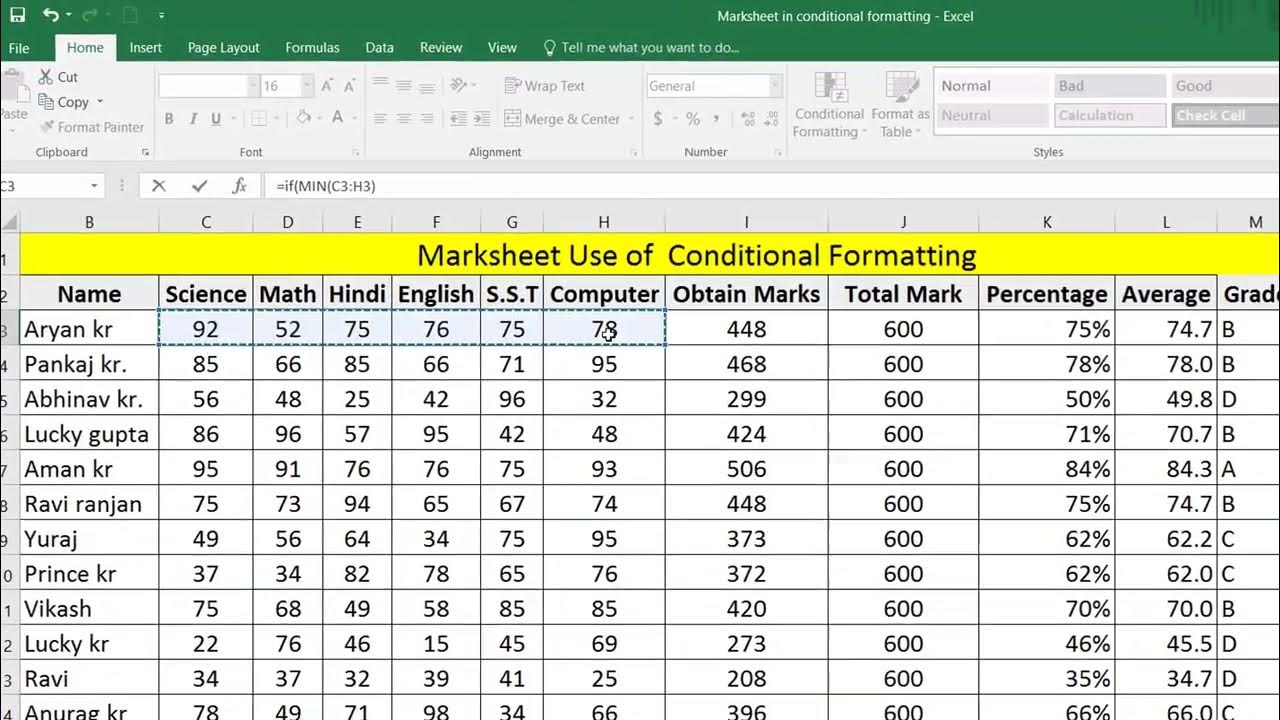 Marksheet use of conditional formatting | how to create marksheet in ms ...
