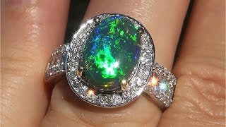 GIA Certified  Natural Black Australian Black Opal Diamond 14k Gold Ring - C152