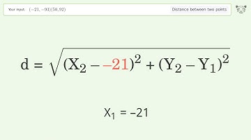 Find the distance between two points p1 (-21,-93) and p2 (50,92): Step-by-Step Video Solution