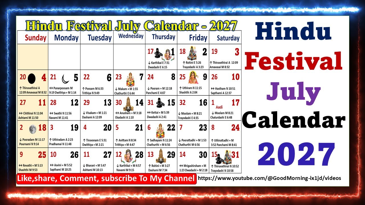 Hindu Festival July Calendar - 2027 || #julycalendar2027