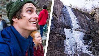 Waiting For a FROZEN WATERFALL AVALANCHE! (Chimney Rock State Park)