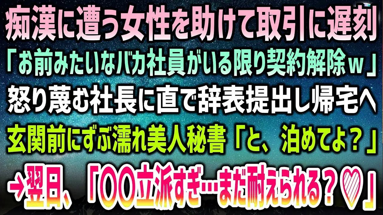 【感動】満員電車で痴漢に遭う女性を助け取引に大遅刻。取引先「君みたいなバカがいる限り契約解除ｗ」社長ブチギレ→辞表を出し帰宅するといつも無愛想な美人秘書が頬を赤らめ玄関に…→翌日「まだ耐えられる？♡」