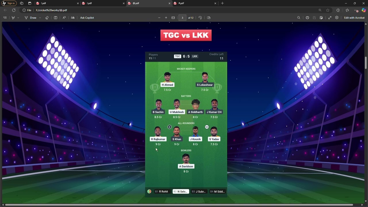 TGC vs LKK  Dream11 team ||TGC vs LKK  Today Cricket fantasy team prediction