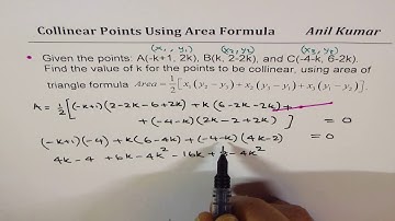 Find the value of k for three points to be collinear using area of triangle