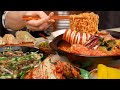 COOKING MUKBANG :) Spicy Squid Noodles, Fresh Kimchi, Squid Chives Pancake, fried dumpling.