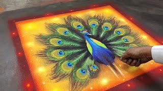 peacock Rangoli Designs For Diwali 🪔🎇 |  Peacock Colour Seding Rangoli 🙏😮