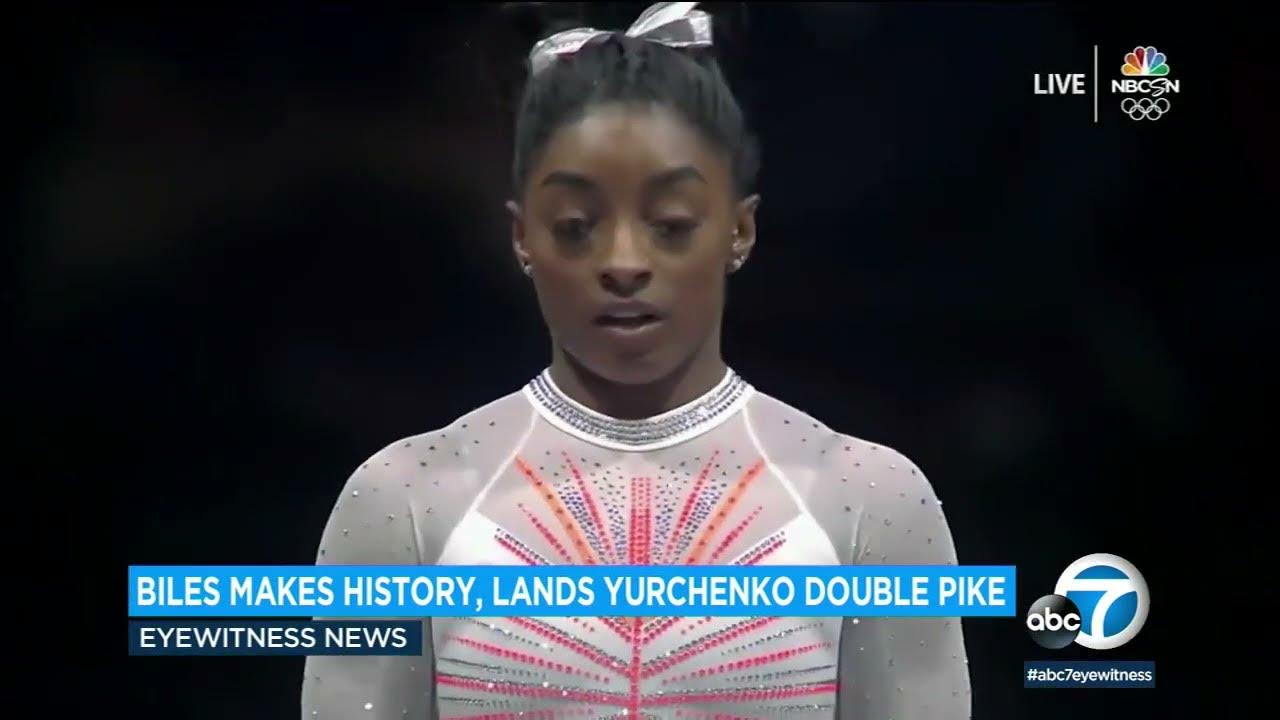 Simone Biles first woman to land Yurchenko double pike vault in