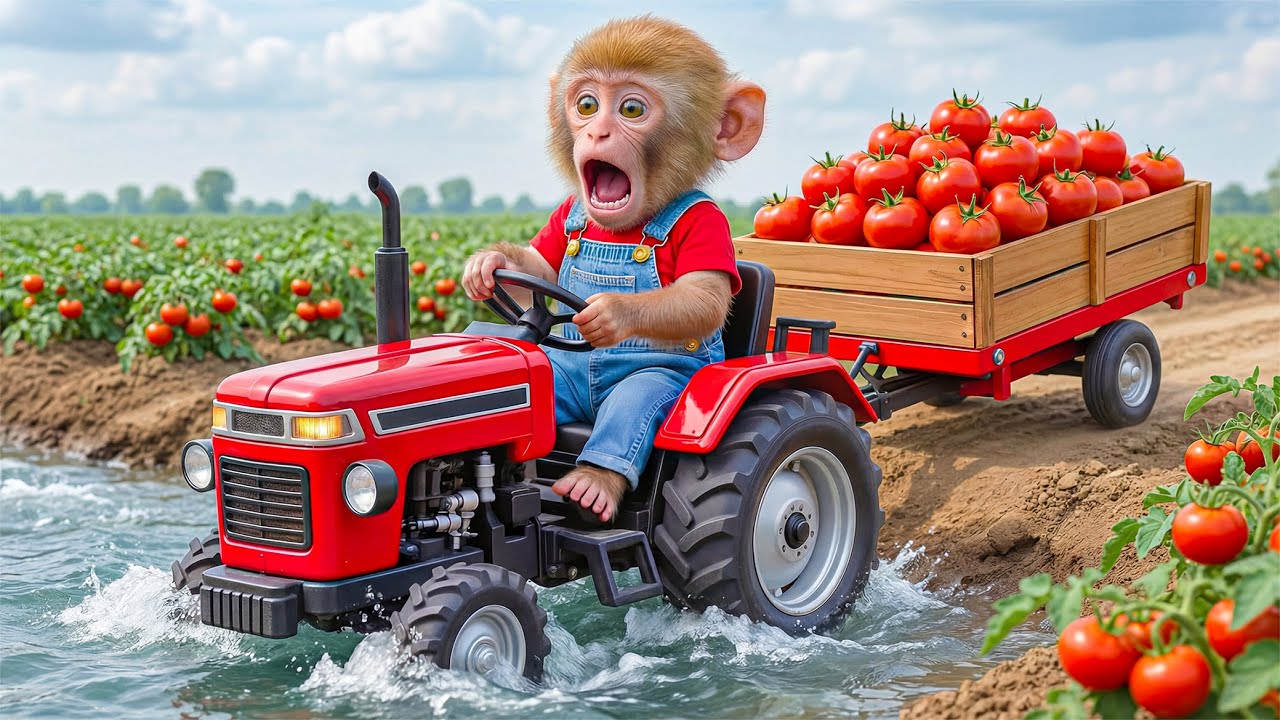 🍅🐒 Monkey NaNa’s Tomato Harvest Turns Disaster as His Tractor Falls in a Pond—Smart Move Shocks All!