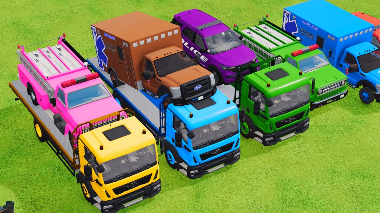 TRANSPORTING POLICE CARS, AMBULANCE, FIRE TRUCK, COLORFUL CARS WITH TRUCK GAME FARMING SIMULATOR 22
