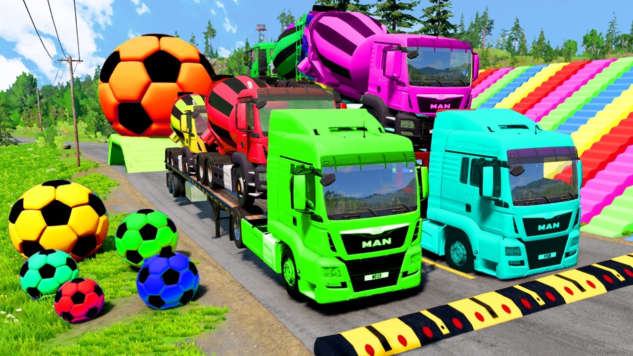 Flatbed Trailer McQueen Transportation with Truck - Speedbumps vs Cars vs Train - BeamNG.Drive #13