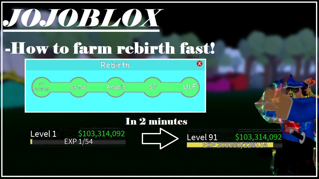 Jojoblox How To Farm Rebirth Fast Jojo Blox Guide Roblox Youtube - repeat how to lvl up fast in jojo blox roblox jojo blox by