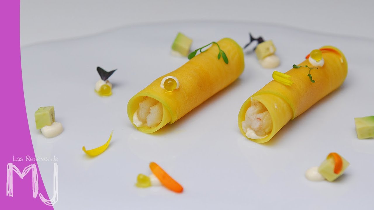 Canelón de mango con langostino y aguacate: aperitivo gourmet