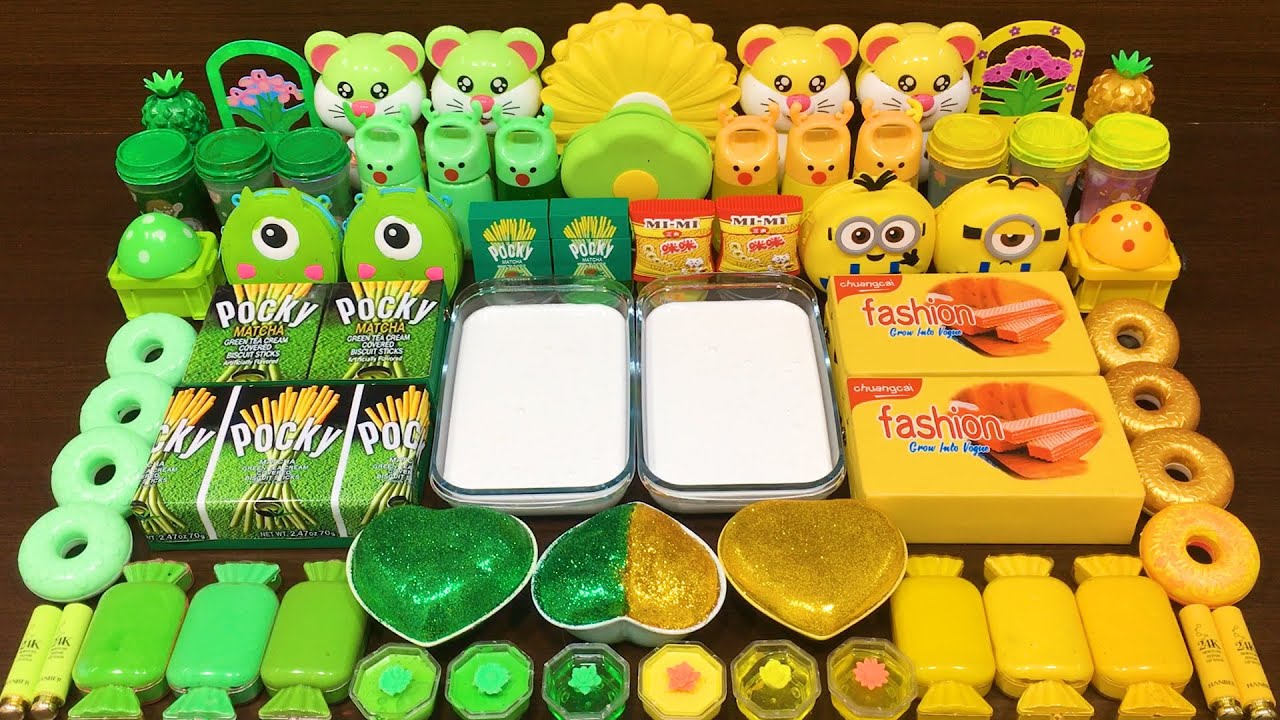 GREEN vs YELLOW! Mixing Random into GLOSSY Slime ! Satisfying Slime Video 