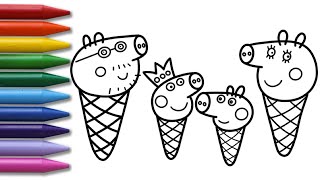 How to draw Peppa Family in the Icecream cone for kids - EasyDrawColor -Drawing Coloring- DrawColor