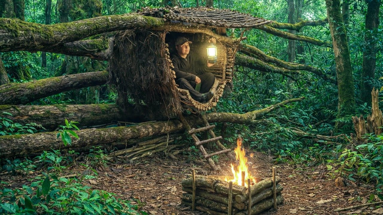 Building a Warm Survival Shelter in a Fallen Tree Root – Secret Shelter | Bushcraft