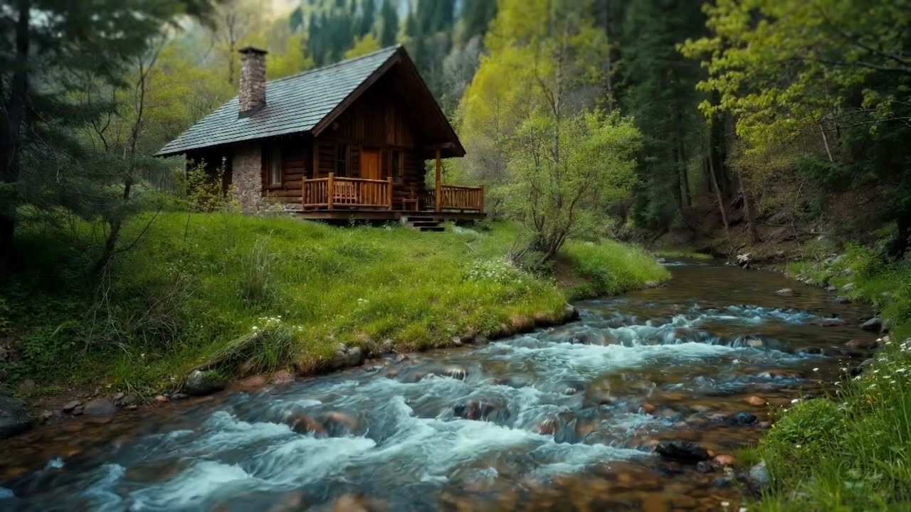 🌿 Cozy Forest Cabin by Stream 🏞️ Gentle River Ambience Relaxing Nature Sounds