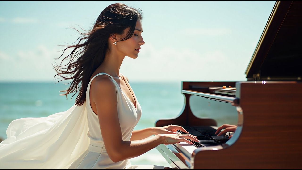 🌅 Woman Playing Grand Piano by the Beach | Romantic Ocean Melody - YouTube