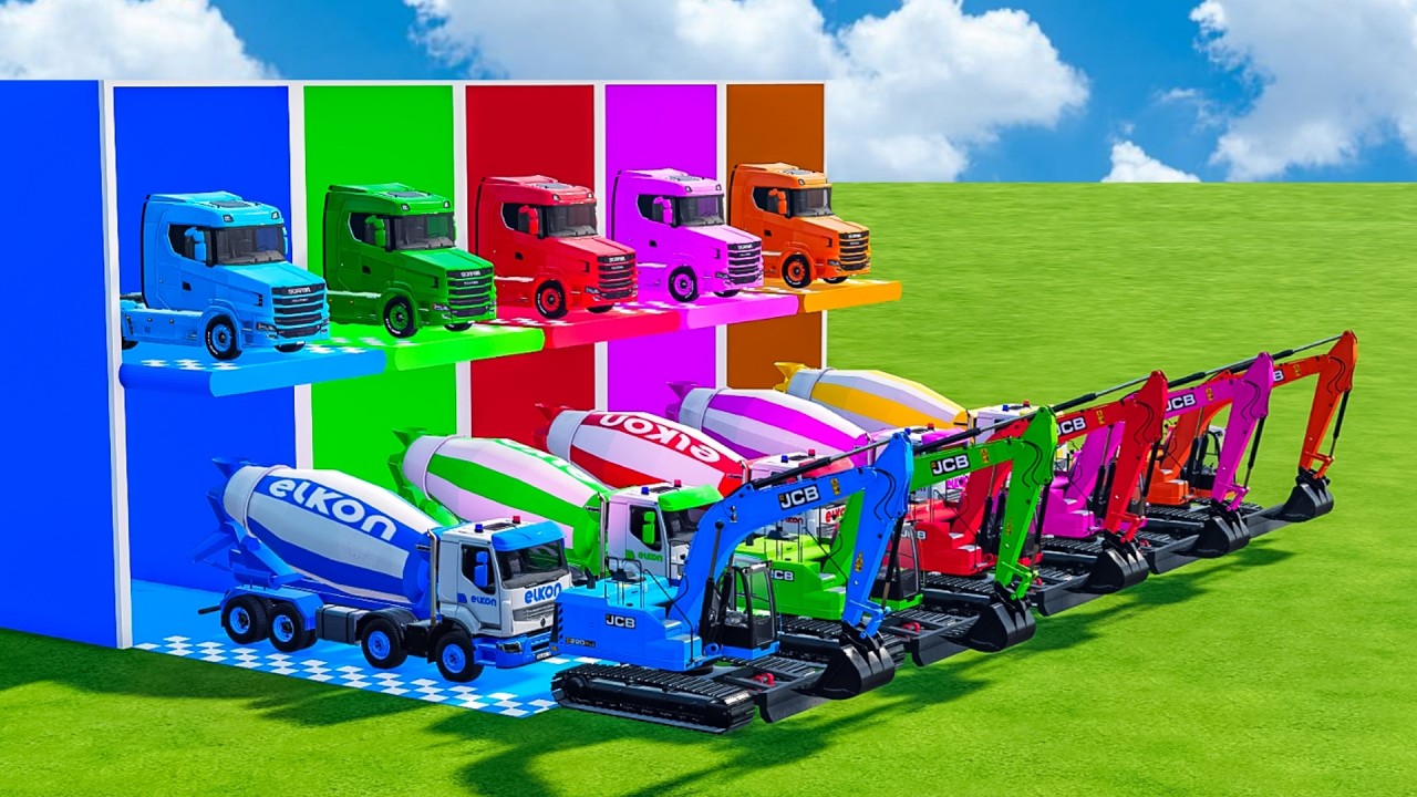 Гараж с красками - Перевозка бетоносмесителя с платформой, Scania, Mercedes-Benz, экскаватора.