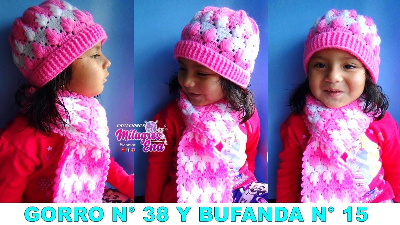 Gorro 38 y bufanda N° 15 a crochet en punto maravilloso o arbolitos para bebés y niñas - YouTube