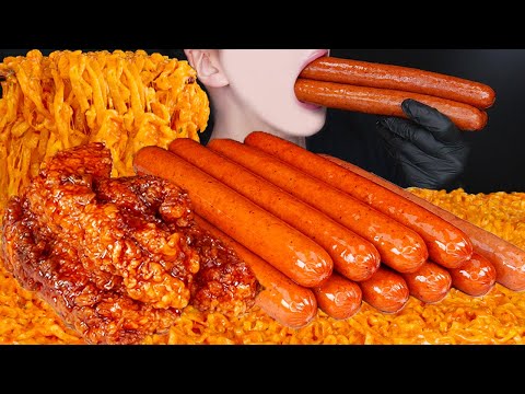 ASMR SPICY SAUSAGE KFC FRIED CHICKEN CHEESY CARBO FIRE NOODLES COOKING MUKBANG 먹방 咀嚼音 EATING SOUNDS