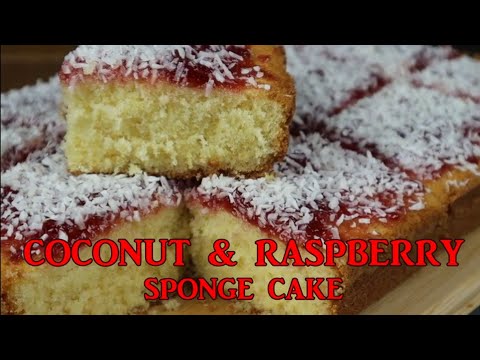 Coconut And Raspberry Sponge Traybake. A 1990S Old School Favourite Sponge Cake That Is Easy To Make