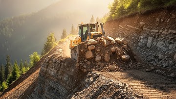 Extreme Bulldozer Action Creating Steep Mountain Road Through Red Soil and Rocky Slopes