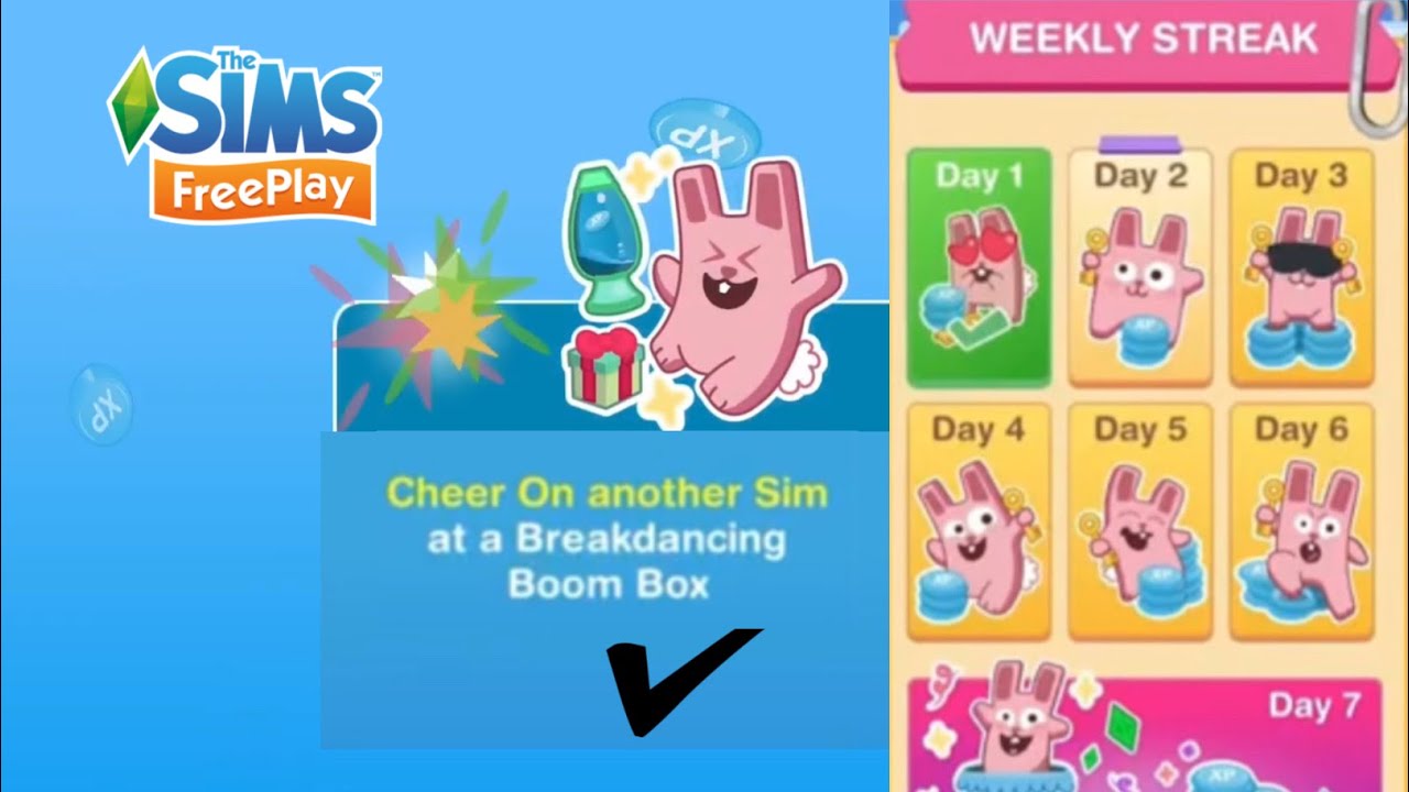 CHEER ON ANOTHER SIM AT A BREAKDANCING BOOM BOX | WEEKLY STREAK | DAILY TASKS | THE SIMS FREEPLAY