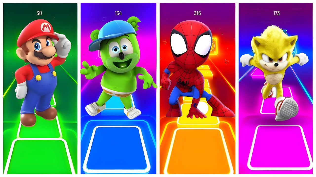 Pj masks 🆚 Mario 🆚 Baby Shark 🆚 Gummy Bear in Tiles Hop EDM Rush🎶