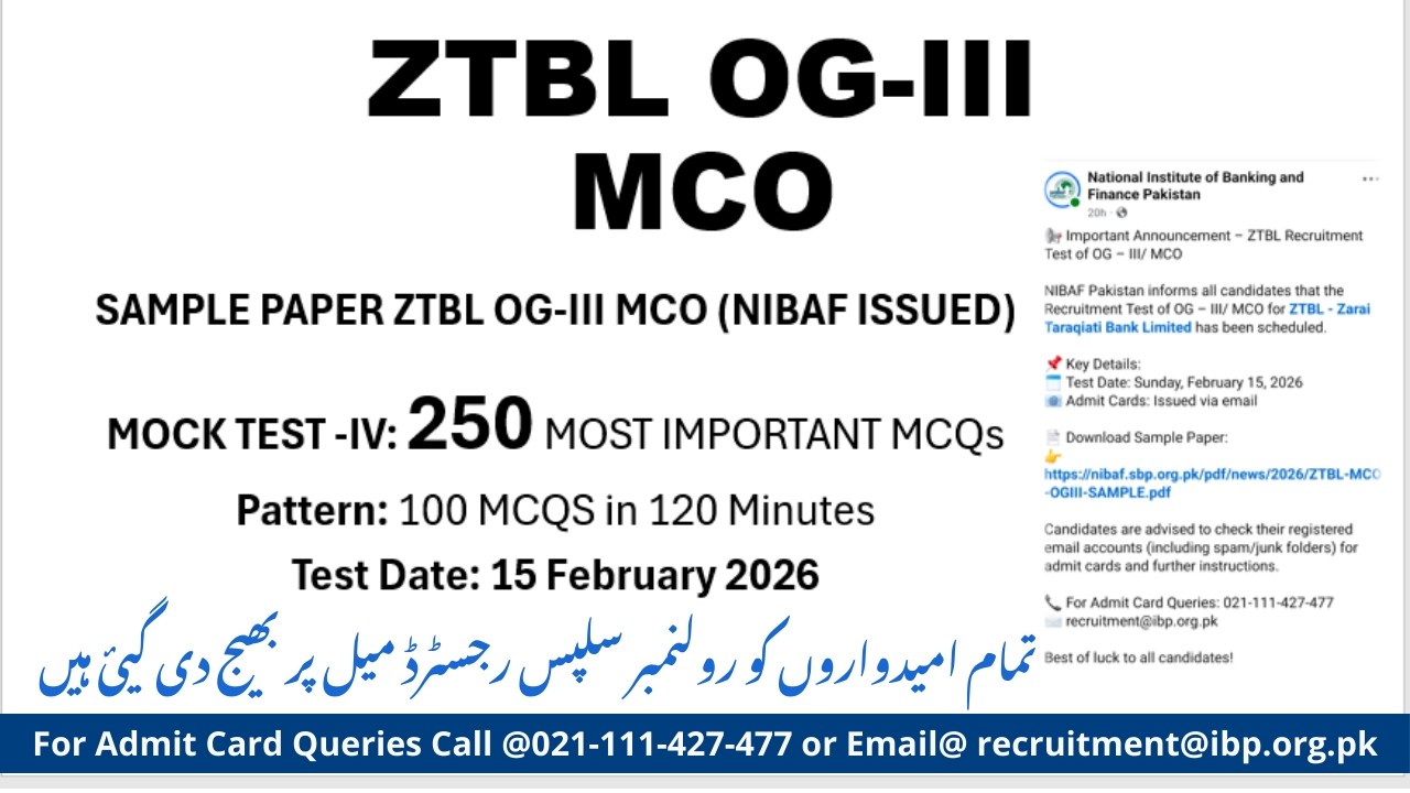 ZTBL OG-III MCO Sample Paper Issued by NIBAF| Mock Test 4 | Admit Card ...