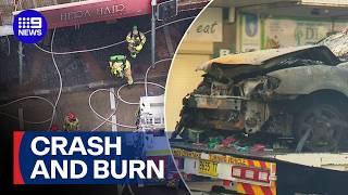 Three injured after car slams into Sydney hair salon and bursts into flames | 9 News Australia