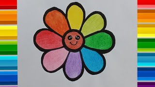 How to draw flower🌺 with rainbow 🌧️ 🌈 coloring for kids||Easy drawing for kids