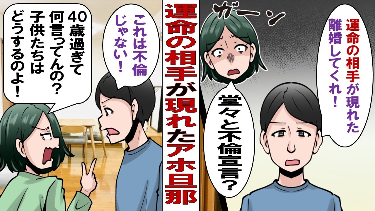 【漫画】アホ旦那「運命の相手と出会った！離婚して！プラトニックだから不倫じゃないよ！」私「二人の子もいるアラフィフがなに言っとんじゃい！」だが、お花畑な夫は諦めず……私「OK、じゃあ条件があります」