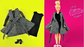 DIY Barbie Winter coat with black evening dress - Barbie Fashion Clothes Tutorial for  Girls