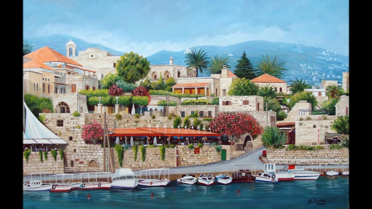 Painting of Byblos' harbor Lebanon, by Serhal YouTube
