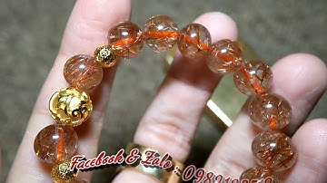 Thạch Anh Tóc Đỏ Đồng 10mm mix Charm vàng 24K khắc chú Om và 2 charm vàng bé giác kim cương