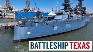 USS Texas Battleship Texas Post Dry Docking floating at Pier D in Galveston Stunning Drone Views