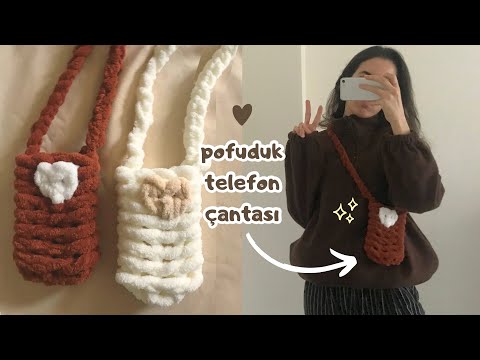 Tığ yok şiş yok / Puffy ip ile kalpli telefon çantası örelim / phone bag 🤎🤍