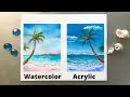 WATERCOLOR vs ACRYLIC Painting Series 2 on the same Topic - Seascape-Tutorial for Beginners