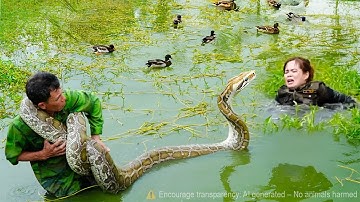 Shocking Encounter! Giant Python Ambushes Ducks in Water – Father & Son
