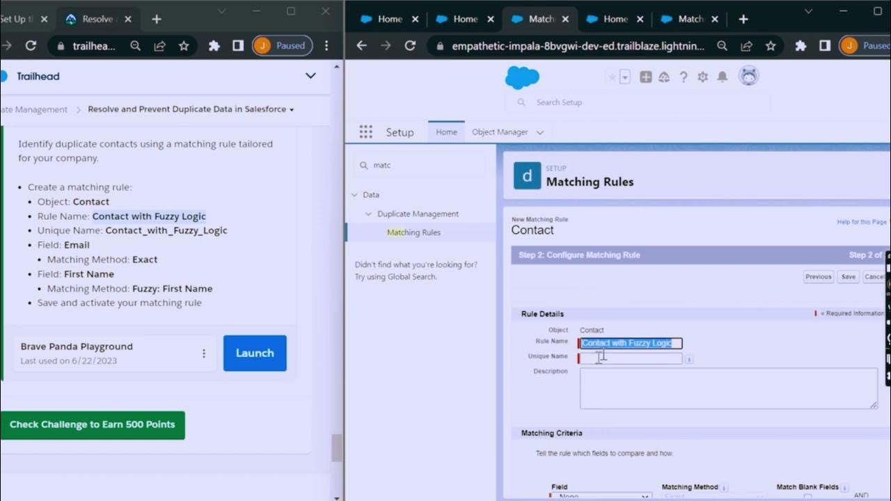 Duplicate management salesforce trailhead playground youtube