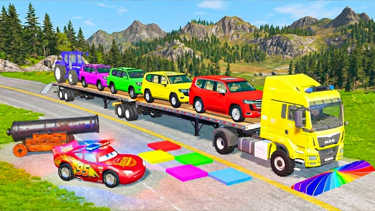 Triple Flatbed Trailer McQueen Transportation with Truck - Speedbumps vs Cars vs Train - BeamNG #27