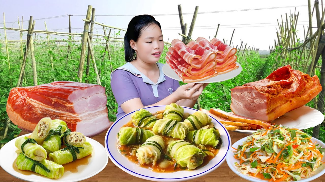 Hearty Dinner with Napa Cabbage Roll Minced Pork, Salad & Smoked Meat Cooked with Family Recipe