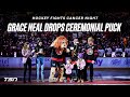 Three-year-old Grace Neal drops the puck on Sens' Hockey Fights Cancer Night