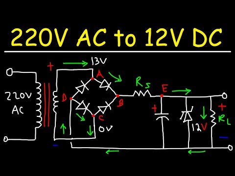 220V AC to 12V DC Converter Power Supply Using Diodes, Capacitors, Resistors, & Transformers