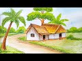 How to draw village scenery step by step with oil pastels