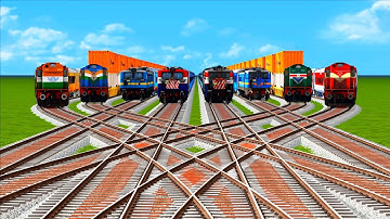 8 FAST TRAINS DANGEROUS CROSSING ON BUMPY FORKED VERY CURVED RAILROAD TRACK🚦trainmods