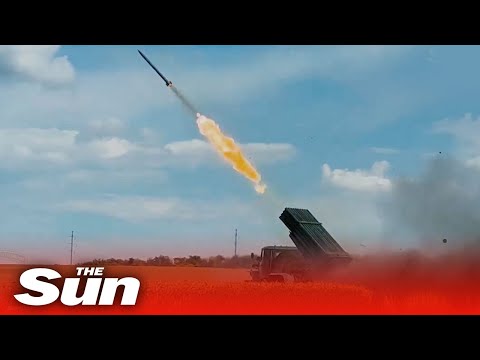 Ukrainian multiple rocket launcher vehicle fires missile Salvos at Russian invaders